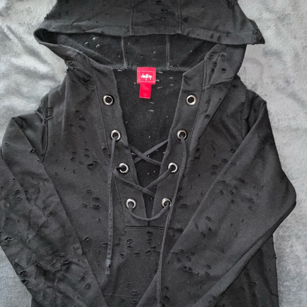 Black Distressed Lace-Up Hoodie